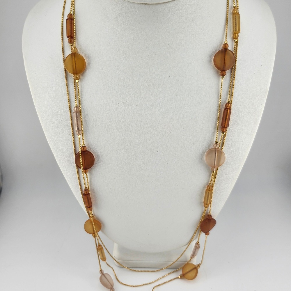 Gold Tone Multi Strand Necklace Amber Brown‎ Geometric Beads Fashion Jewelry